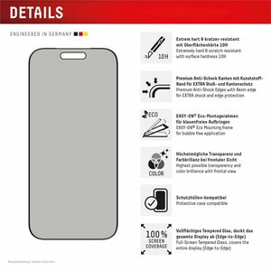 Displex Privacy Glass 10H Gehärtetes Glas Bildschirmschutz für Apple iPhone 17, iPhone 17 Pro - für OLED iPhone 17, iPhone