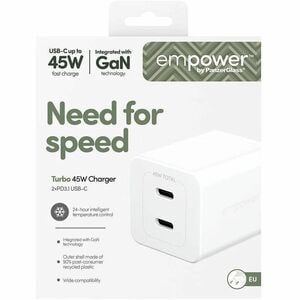 PanzerGlass Turbo 45 W AC Adapter - Universal Adapter - 2 USB Type-C - For Smartphone, Tablet PC - Europe - Silver, White
