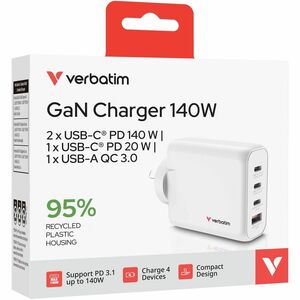 Verbatim 140 W AC Adapter - 1 Pack - Universal Adapter - 3 USB Type-C - For Smartphone, Tablet PC, Notebook, Gaming Consol