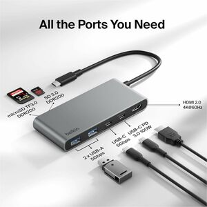 Belkin 7-Port USB-C Hub - USB-C to - 2xUSB-A, 2xUSB-C, 1x4K HDMI, 1xSD + 1xMicroSD Reader - Black - for Notebook, Workstat
