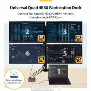 StarTech.com USB-C to Quad-Monitor Workstation Adapter, 4K 60Hz HDMI, 140W PD Passthrough for Laptop Charging, 1x USB 2.0 