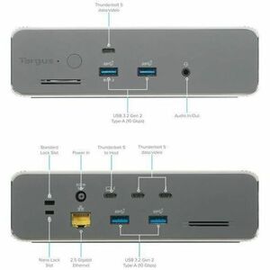 Targus EcoSmart DOCK230EUZ Thunderbolt 5 Docking Station für Workstation, Mikrofon, Lautsprecher, Kopfhörer, Tastatur, Mau
