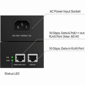 TP-Link POE370S PoE++ Injector - 120 V AC, 230 V AC Input - 1 x 10 Gigabit Ethernet Input Port(s) - 1 x 10 Gigabit Etherne