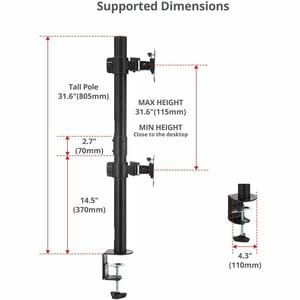 SIIG Dual 38" Stack Monitor Pole Mount - Black - Fits 13-38" Screens, up to 26.5 lbs each - Height Adjustable - 2 Display(