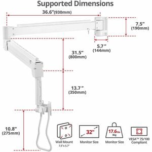 SIIG Medical Grade Single 32 inch Monitor Long Arm Wall Mount 17.6 lbs-White - Medical Grade Single 32 inch Monitor Long A