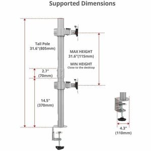 SIIG Dual 38" Stack Monitor Pole Mount - Gray - Fits 13-38" Screens, up to 26.5 lbs each - Height Adjustable - 2 Display(s