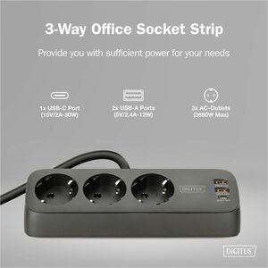 Digitus Steckdosenleiste - 2 x USB Typ A, 1 x USB Typ C, 3 x AC-Strom - 1,50 m Kabel - 16 A Stromstärke - 250 V AC Voltage