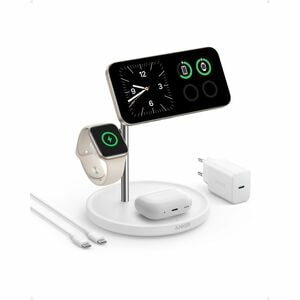Caricatore a induzione ANKER MagGo A25M3 - Bianco, Argento - Per Dispositivo abilitato Qi2, iPhone, Smartwatch, AirPod, Ea