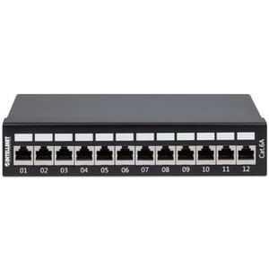 Patch Panel, Cat6a, FTP, 12-Port, Desktop, Shielded, 90° Top-Entry Punch Down Blocks, Black - 12 x RJ-45 - Desktop