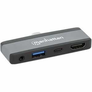 Manhattan USB-C Travel Dock/Hub, Ports (x4): HDMI, USB-A, USB-C and 3.5mm audio, With Power Delivery (100W) to USB-C Port,