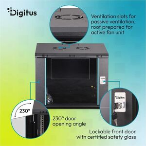 Digitus Dynamic-N 9U Wandmontierbar Geschlossener Schrank Rackschrank für Networking, Server - Schwarz - Stahl, Glas, Blec