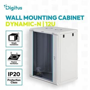 Digitus Dynamic-N 16U Wall Mountable Enclosed Cabinet Rack Cabinet for Networking, Server - Light Grey - Steel, Glass, She