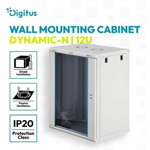 Digitus Dynamic-N 16U Wandmontierbar Geschlossener Schrank Rackschrank für Networking, Server - Hellgrau - Stahl, Glas, Bl