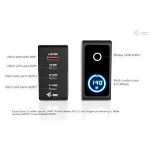 Adaptateur secteur i-tec - 140 W - Adaptateur universel - 3 USB Type-C - Pour Ordinateur Portable, Tablette - Europe, Roya