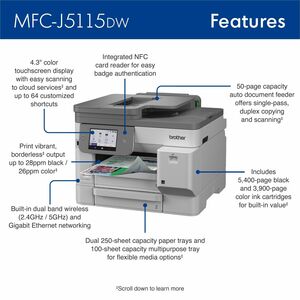 Brother MFC-J5115DW Wired & Wireless INKvestment Tank Inkjet Multifunction Printer - Colour - Copier/Fax/Printer/Scanner -