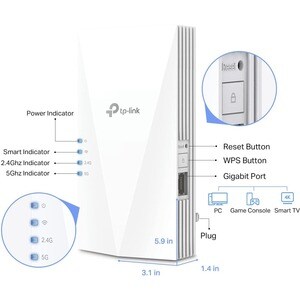 TP-Link RE600X Dual Band 802.11ax 1.80 Gbit/s Wireless Range Extender - 2.40 GHz, 5 GHz - 2 x Internal Antenna(s) - Intern