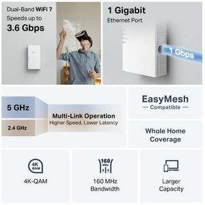 TP-Link RE220BE Dual Band Wi-Fi 7 IEEE 802.11 a/b/g/n/ac/ax/be 3.60 Gbit/s Wireless Range Extender - Yes - 2.40 GHz, 5 GHz