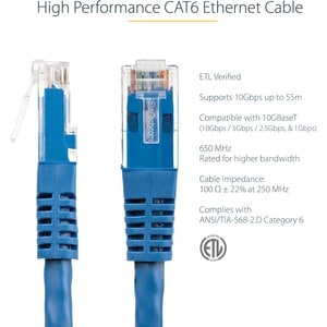StarTech.com 1ft CAT6 Ethernet Cable - Blue Molded Gigabit - 100W PoE UTP 650MHz - Category 6 Patch Cord UL Certified Wiri