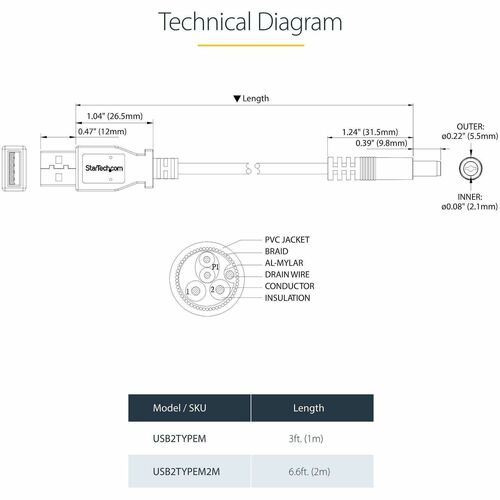 StarTech.com 91cm USB Typ-M 5V Hohlstecker - USB / Hohlverbinder - 5 V Gleichstrom - Schwarz - 1 Stück