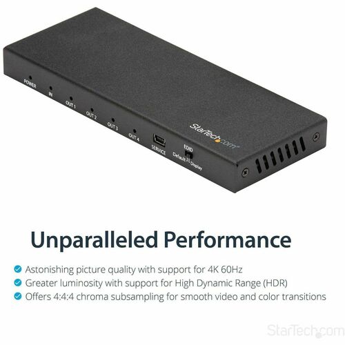 StarTech.com 4 Port HDMI Splitter - 4K 60Hz - 1x4 Way HDMI 2.0 Splitter - HDR - ST124HD216 - Displays the same image with 