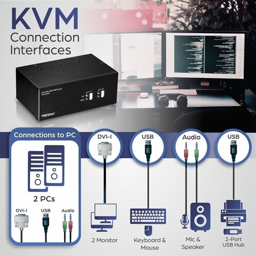 TRENDnet TK-232DV KVM Switchbox - TAA Compliant - 2 Computer(s) - 1 Local User(s) - 2048 x 1536 - 6 x USB - 6 x DVI - Desktop