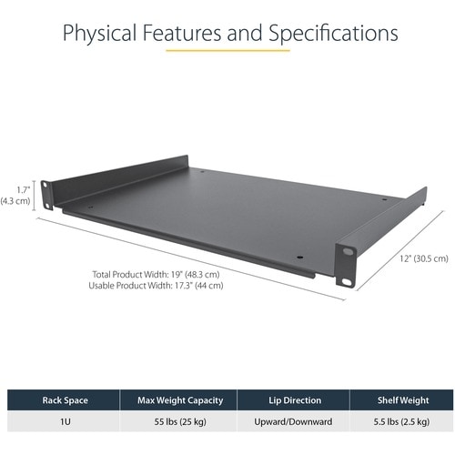 StarTech.com 1U Server Rack Cabinet Shelf - Fixed 12" Deep Cantilever Rackmount Tray for 19" Data/AV/Network Enclosure w/c