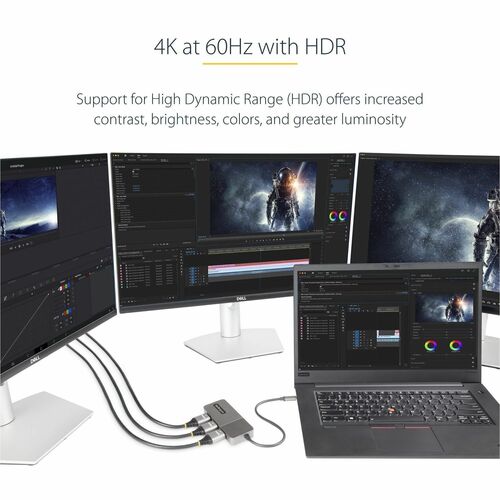 StarTech.com 3-Port USB-C Multi-Monitor Adapter, Type-C to 3x HDMI MST Hub, Triple 4K60Hz HDMI Laptop Display Extender / S