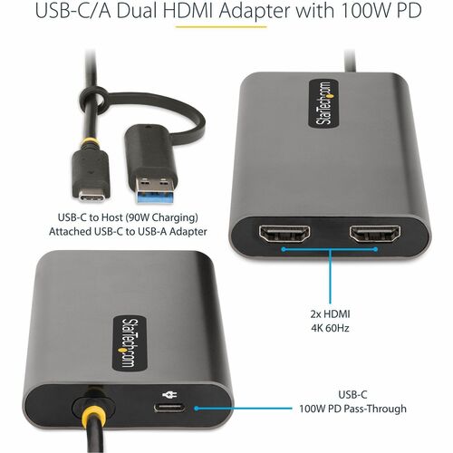 StarTech.com USB-C to Dual-HDMI Adapter, USB-C/A to 2x HDMI, 4K 60Hz, 100W PD Passthrough, 1ft/30cm Cable, USB to HDMI Con