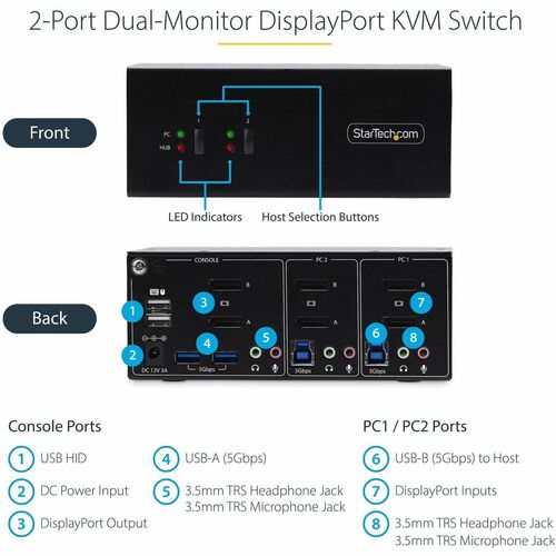 StarTech.com 2-Port KVM Switch Dual Monitor DisplayPort, 4K 60Hz, 2x USB 3.0 Ports, Hotkey/Drucktasten, KVM Umschalter, 2 