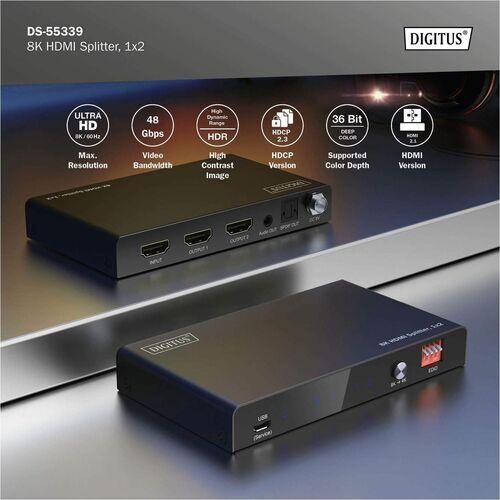 Digitus HDMI Splitter - Black - 7680 x 4320 - 1 x HDMI In - 2 x HDMI Out
