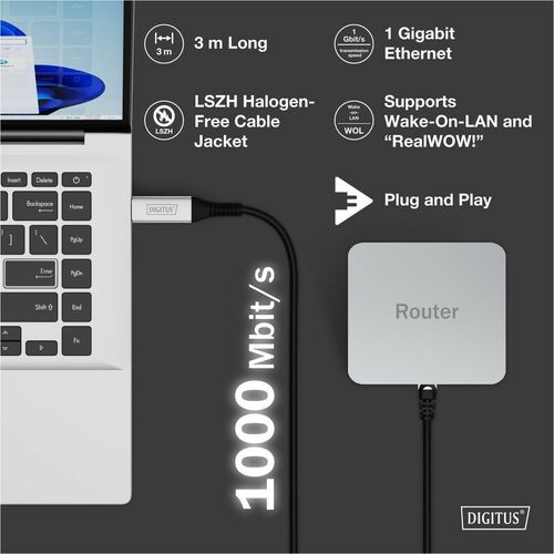 Digitus 3 m RJ-45/USB Netzwerkkabel - 1 Stück - Cable for Netzwerkgerät, Notebook, Peripheriegerät, Router, Desktop-PC, Wa