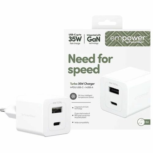 PanzerGlass Turbo 35 W AC Adapter - Universal Adapter - 1 USB - 1 USB Type-C - For Smartphone, Tablet PC - Europe - Silver