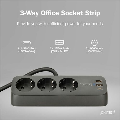 Digitus 3-fach Office-Steckdosenleiste mit 2x USB-A und 1x USB-C Anschlüssen, Schwarz. Kabellänge: 1,5 m, Unterstützte Pos