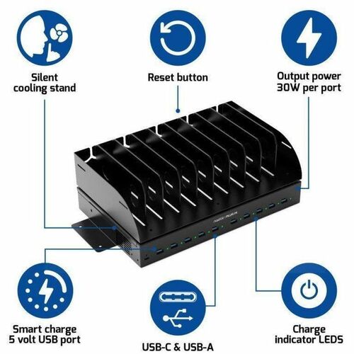 Naotic 30 W Charging Station - Universal Adapter - 10 USB - 10 USB Type-C - For USB Type C Device, USB Type A Device, Tabl