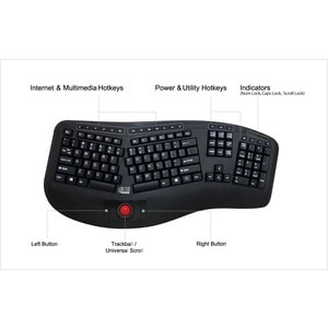 Adesso 2.4 GHz Wireless Ergonomic Trackball Keyboard - Wireless Connectivity - RF - 30 ft - 2.40 GHz - USB Interface - 105