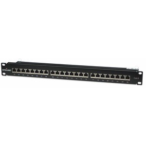 Intellinet Network Solutions Patch Panel, Cat6, FTP, 24-Port, 1U, Shielded, 90 degree Top-Entry Punch-Down Blocks, Black -