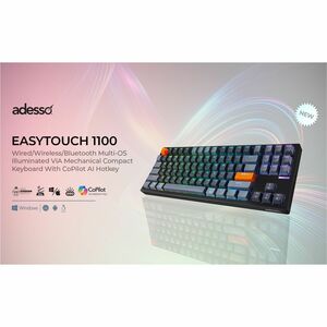 Adesso EasyTouch 1100 Keyboard - Wired/Wireless Connectivity - Bluetooth/RF - 2.40 GHz - USB Interface - RGB LED - 88 Key(