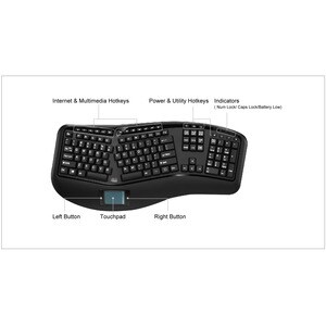 Adesso 2.4GHz Wireless Ergonomic Touchpad Keyboard - Wireless Connectivity - RF - 30 ft - 2.40 GHz - USB Interface - 105 K