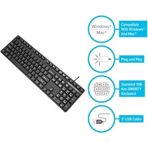 Targus USB Wired Keyboard - Cable Connectivity - USB Interface - 104 Key - QWERTY Layout - PC, Mac - Black