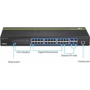 TRENDnet 24-Port Gigabit Layer 2 Switch with 4 Shared Mini-GBIC Slots; 48 Gbps Switching Capacity; SNMP; Lifetime Protecti