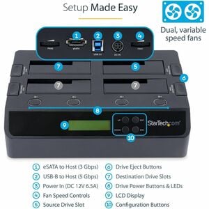 StarTech.com 4-Bay Hard Drive Duplicator and Eraser, External HDD/SSD Cloner / Copier / Wiper Tool, USB 3.0/eSATA to SATA 