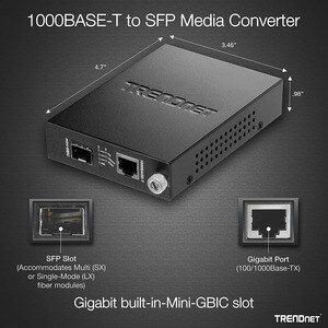 TRENDnet 100/1000Base-T To SFP Fiber Media Converter, Fiber To Ethernet Converter, 1 x 10/100/1000Base-T RJ-45 Port,1 x Mi