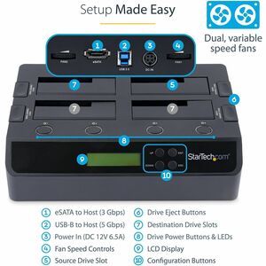 StarTech.com 4-Bay Festplatten Klonstation und Löscher, Selbständiger SATA Kloner/Kopierer, USB 3.0 / eSATA zu SATA Dockin