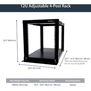 StarTech.com 12U Adjustable 4 Post Server Equipment Open Frame Rack Cabinet (4POSTRACK12) - Store your servers, network an