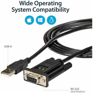 StarTech.com 6ft (1.8m) 1-Port USB to Serial RS232 Adapter, FTDI DB9 Serial DCE Adapter Cable, Null Modem, USB 2.0 - TAA -