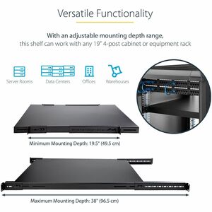 StarTech.com 1U 4-Post 19.5 to 38in Adjustable Mounting Depth Rack Mount Shelf - Heavy Duty Fixed Rack Shelf - 330 lb / 15