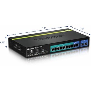 TRENDnet 10-Port Gigabit Web Smart PoE+ Switch, 8 x PoE+ Gigabit Ports, 2 x Gigabit Ethernet Ports, 2 x Shared SFP Slots, 