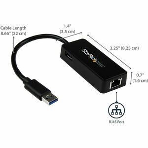 StarTech.com USB 3.0 to Gigabit Ethernet Adapter NIC w/ USB Port - Black - Add a Gigabit Ethernet port and a USB 3.0 pass-