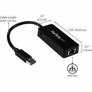 StarTech.com Adaptateur réseau USB 3.0 vers Gigabit Ethernet avec port USB intégré - Carte réseau GbE USB vers RJ45 - Noir