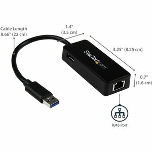 StarTech.com USB 3.0 Ethernet Adapter - USB 3.0 Network Adapter NIC with USB Port - USB to RJ45 - USB Passthrough (USB3100